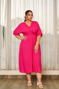 Hot Pink Front Knot V-Neck Dress
