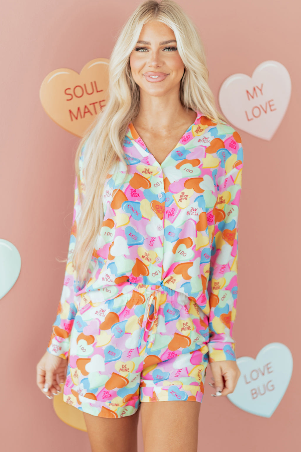 Pink Valentines Candy Heart V Neck Collared Tunic Shirt and Shorts 2pcs Pajama Set
